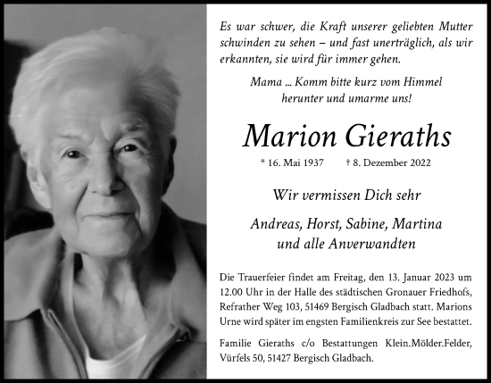 Anzeige von Marion Gieraths von Kölner Stadt-Anzeiger / Kölnische Rundschau / Express