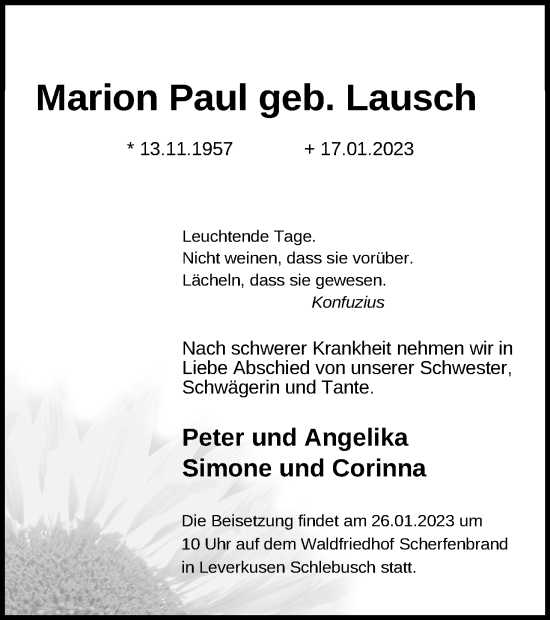Anzeige von Marion Paul von Kölner Stadt-Anzeiger / Kölnische Rundschau / Express