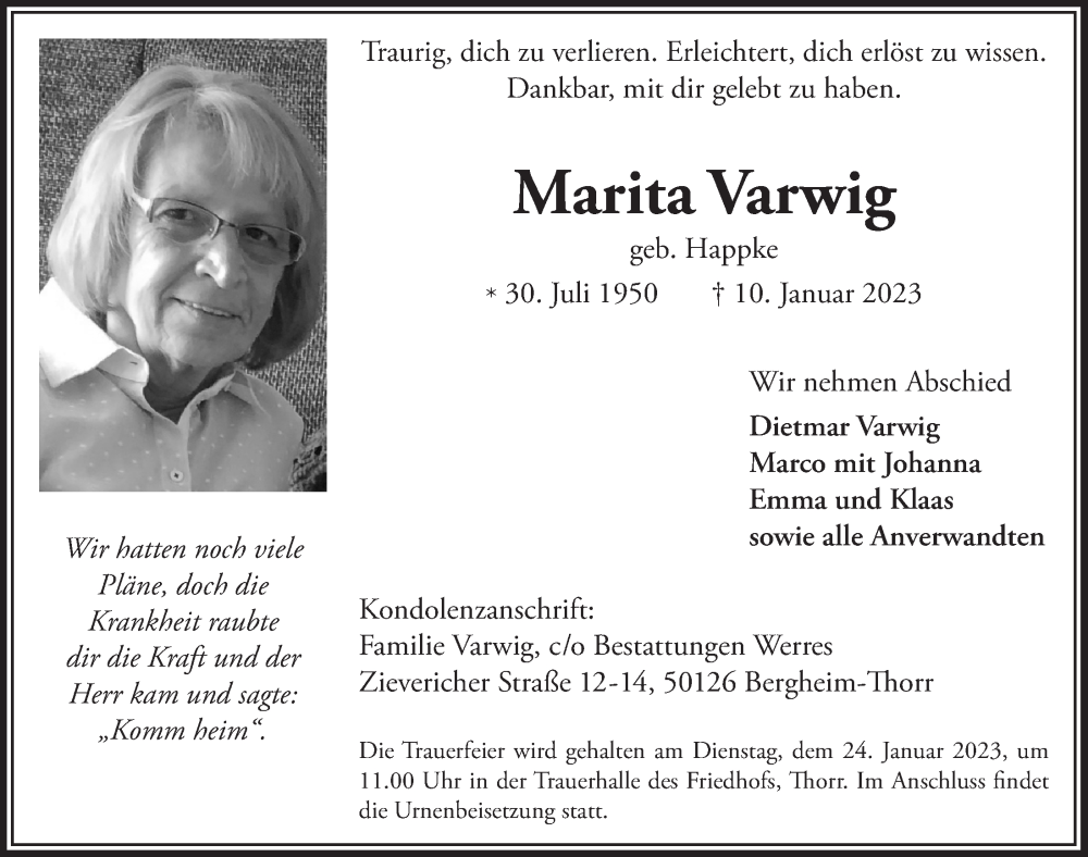  Traueranzeige für Marita Varwig vom 20.01.2023 aus  Werbepost 