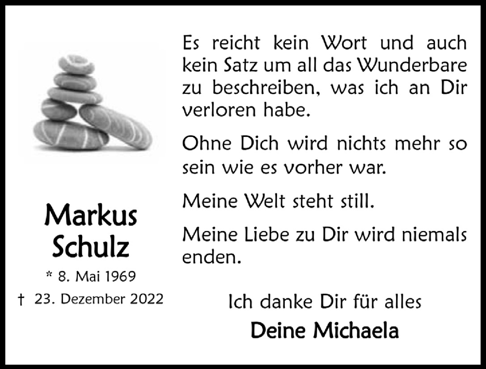  Traueranzeige für Markus Schulz vom 06.01.2023 aus  Anzeigen Echo 