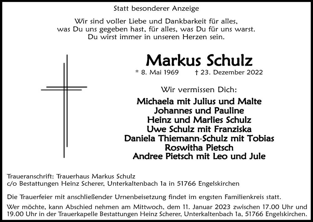  Traueranzeige für Markus Schulz vom 07.01.2023 aus Kölner Stadt-Anzeiger / Kölnische Rundschau / Express