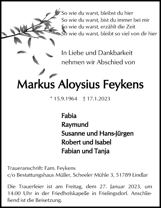 Anzeige von Markus Aloysius Feykens von Kölner Stadt-Anzeiger / Kölnische Rundschau / Express