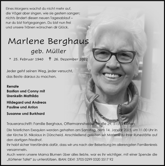 Anzeige von Marlene Berghaus von  Bergisches Handelsblatt 