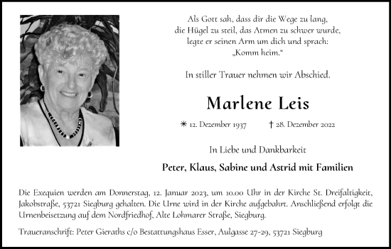 Anzeige von Marlene Leis von Kölner Stadt-Anzeiger / Kölnische Rundschau / Express