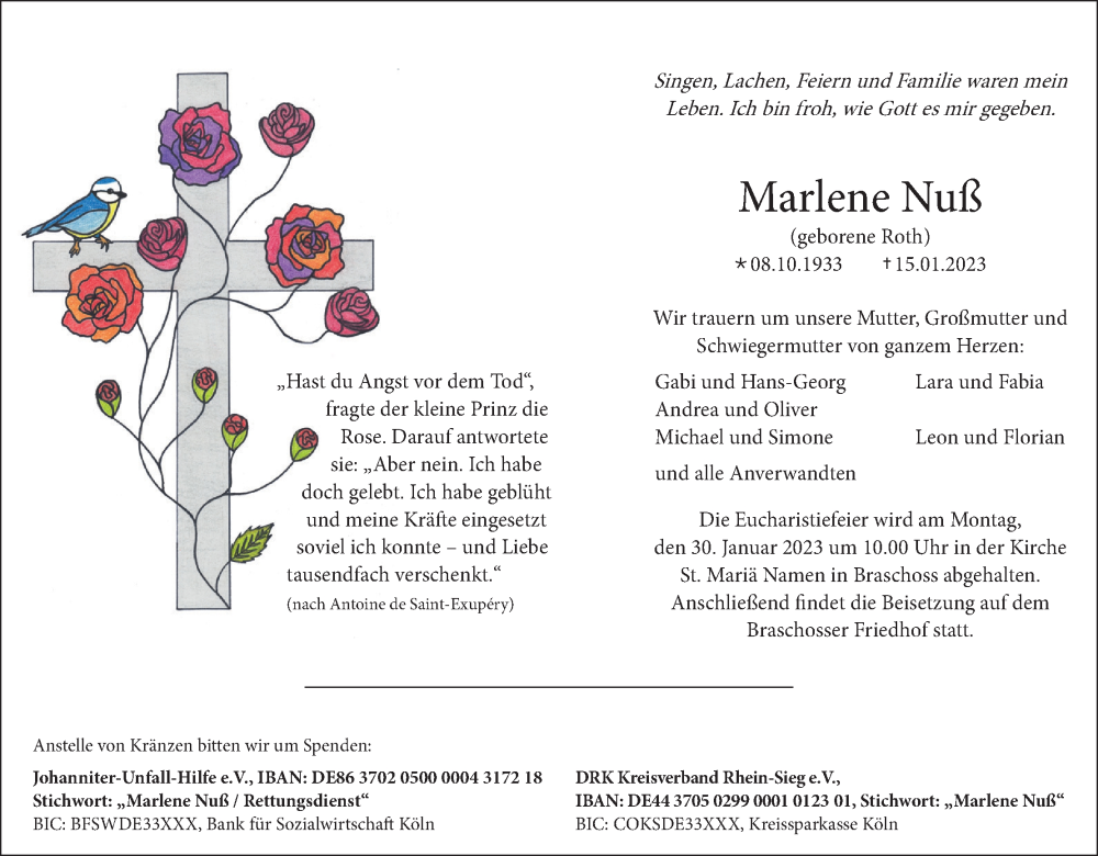  Traueranzeige für Marlene Nuß vom 21.01.2023 aus Kölner Stadt-Anzeiger / Kölnische Rundschau / Express