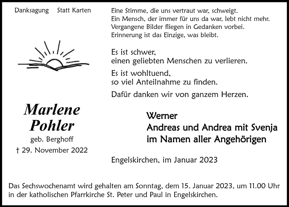  Traueranzeige für Marlene Pohler vom 06.01.2023 aus  Anzeigen Echo 