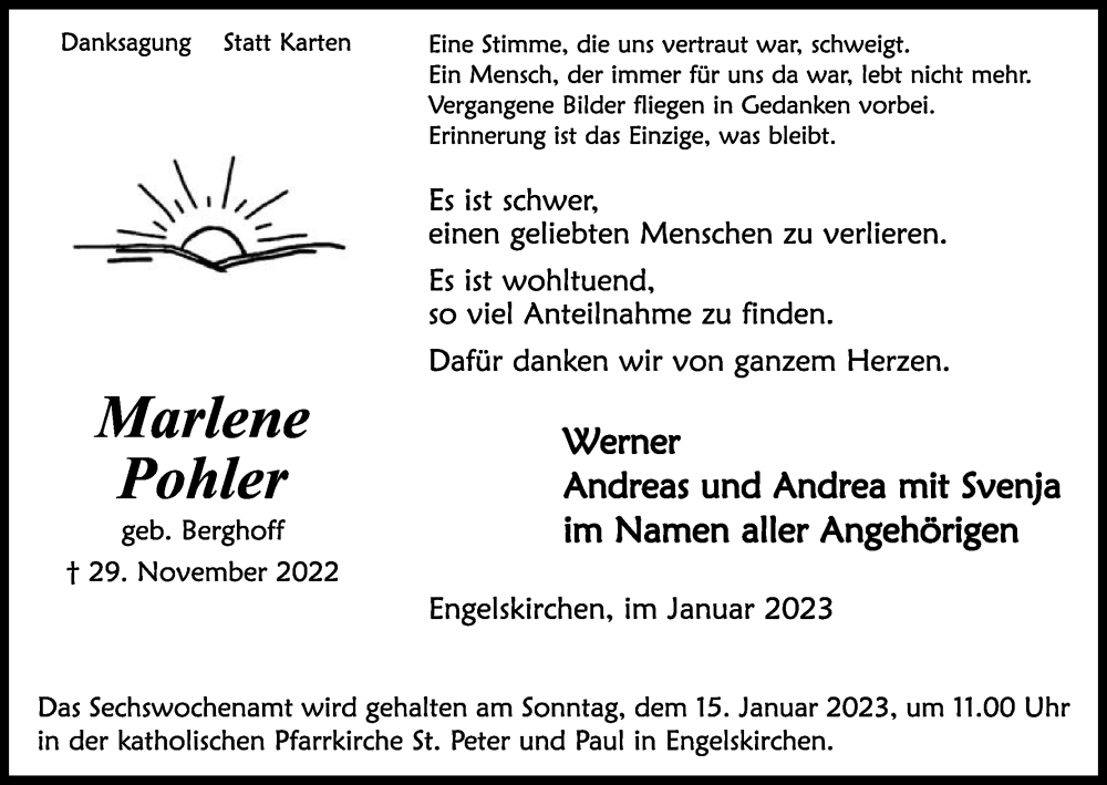  Traueranzeige für Marlene Pohler vom 07.01.2023 aus Kölner Stadt-Anzeiger / Kölnische Rundschau / Express