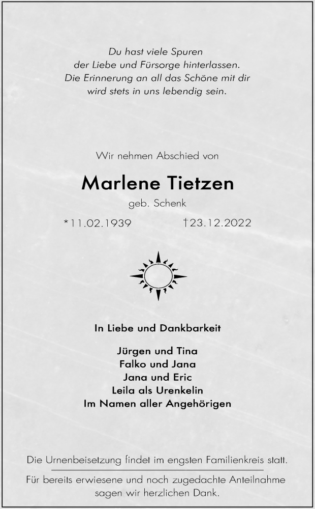  Traueranzeige für Marlene Tietzen vom 14.01.2023 aus Kölner Stadt-Anzeiger / Kölnische Rundschau / Express