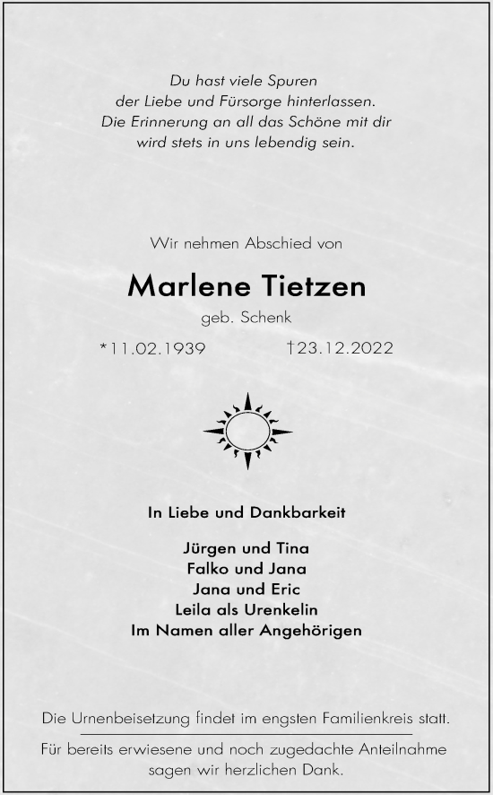 Anzeige von Marlene Tietzen von Kölner Stadt-Anzeiger / Kölnische Rundschau / Express
