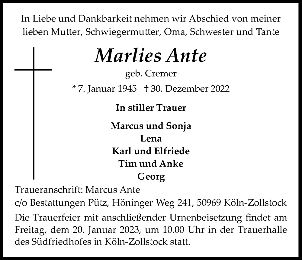  Traueranzeige für Marlies Ante vom 14.01.2023 aus Kölner Stadt-Anzeiger / Kölnische Rundschau / Express
