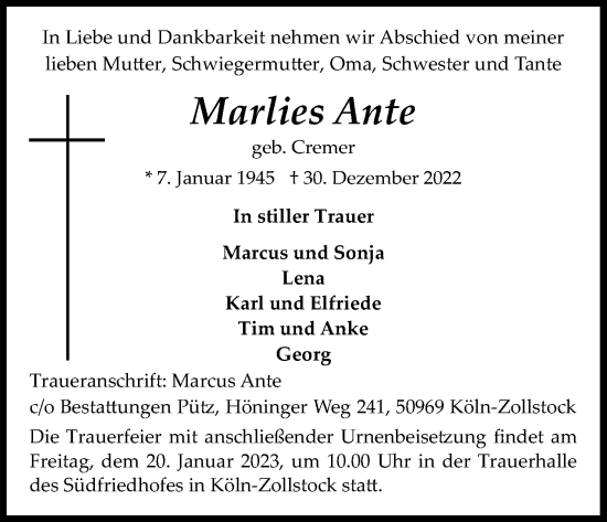 Anzeige von Marlies Ante von Kölner Stadt-Anzeiger / Kölnische Rundschau / Express