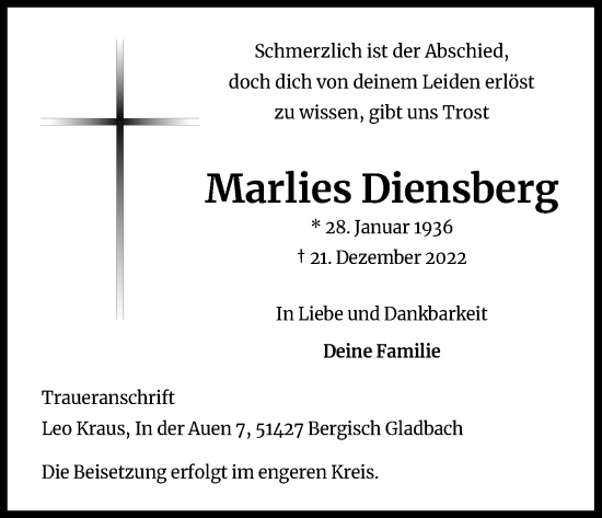 Anzeige von Marlies Diensberg von Kölner Stadt-Anzeiger / Kölnische Rundschau / Express