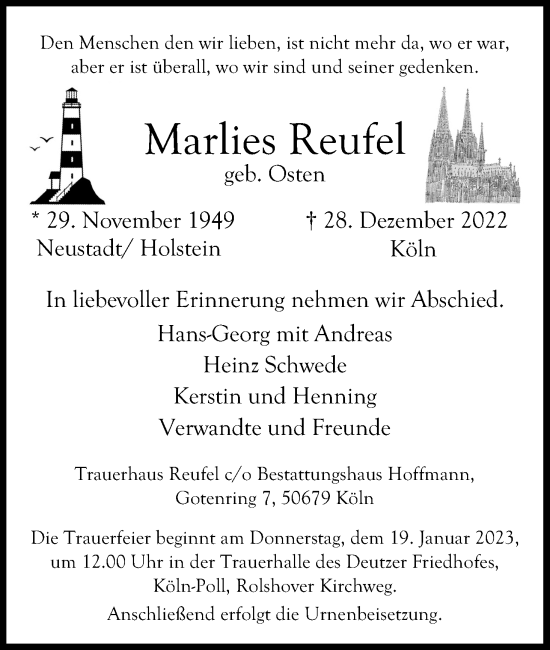 Anzeige von Marlies Reufel von Kölner Stadt-Anzeiger / Kölnische Rundschau / Express