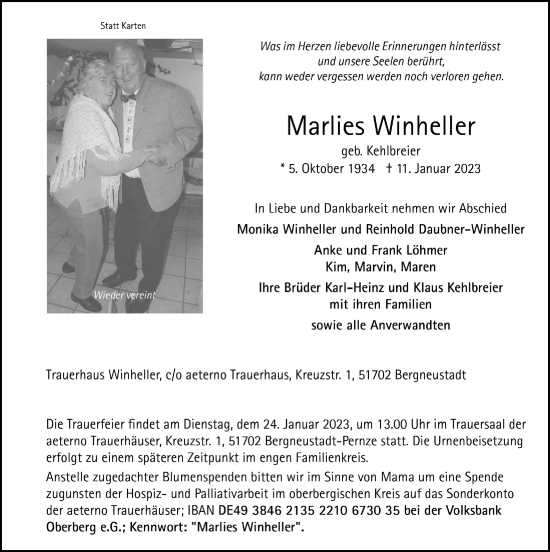 Anzeige von Marlies Winheller von  Anzeigen Echo 