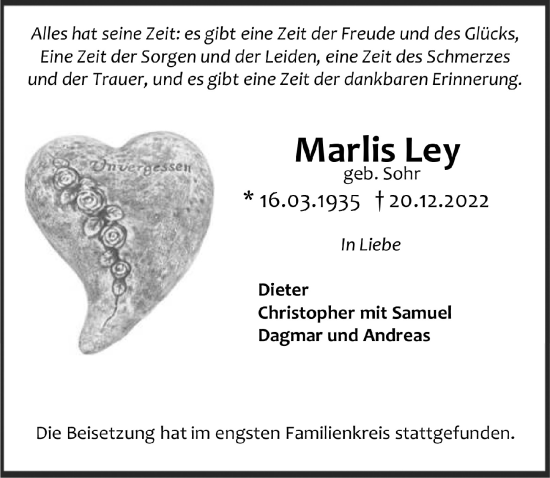 Anzeige von Marlis Ley von  Anzeigen Echo 