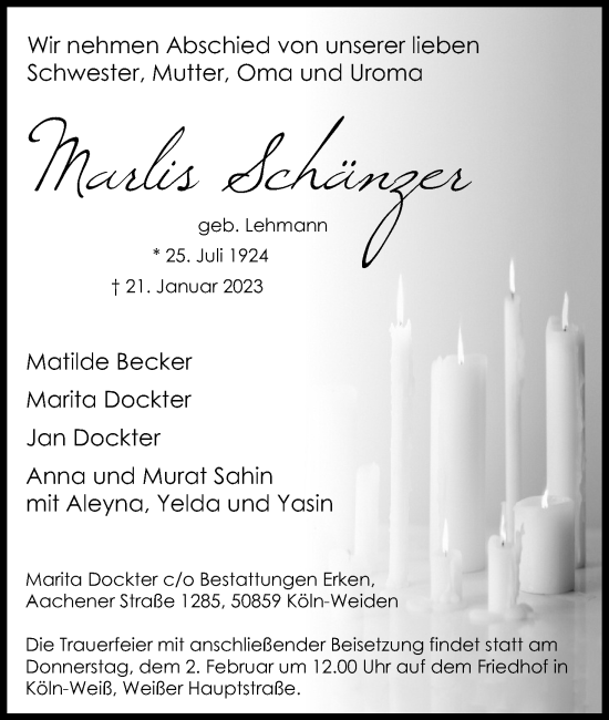 Anzeige von Marlis Schänzer von Kölner Stadt-Anzeiger / Kölnische Rundschau / Express