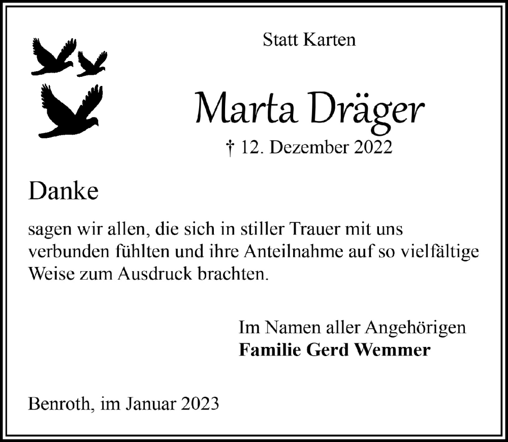  Traueranzeige für Marta Dräger vom 27.01.2023 aus  Lokalanzeiger 