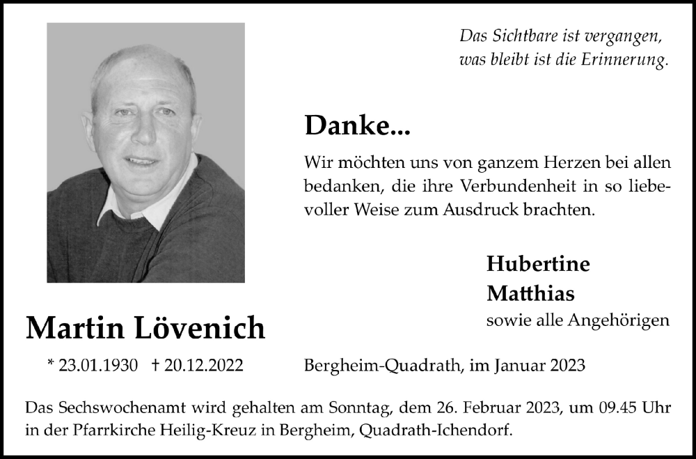  Traueranzeige für Martin Lövenich vom 27.01.2023 aus  Werbepost 