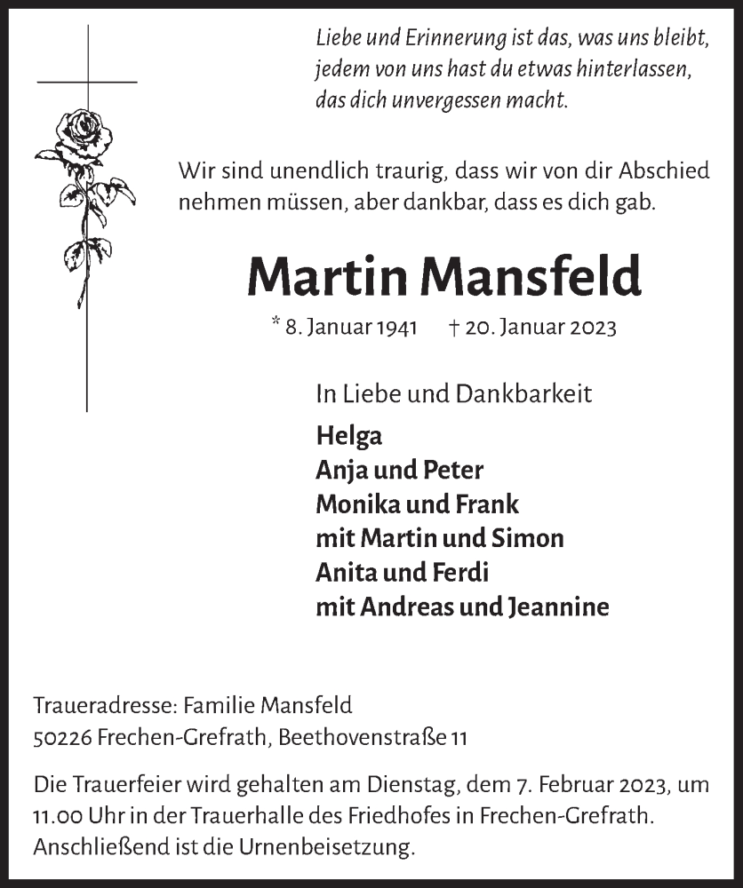  Traueranzeige für Martin Mansfeld vom 27.01.2023 aus  Wochenende 