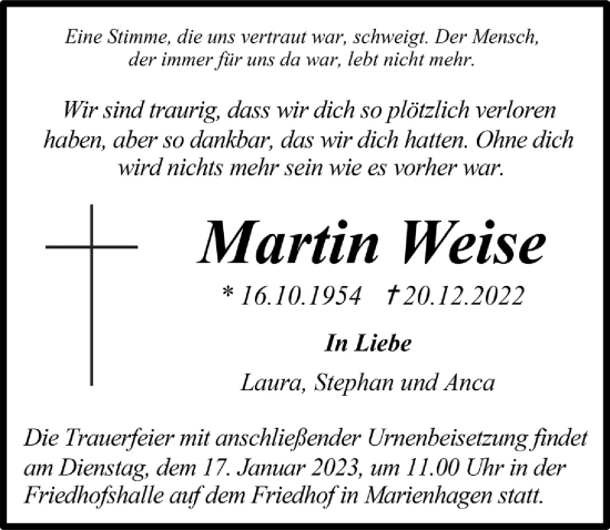Anzeige von Martin Weise von  Anzeigen Echo 