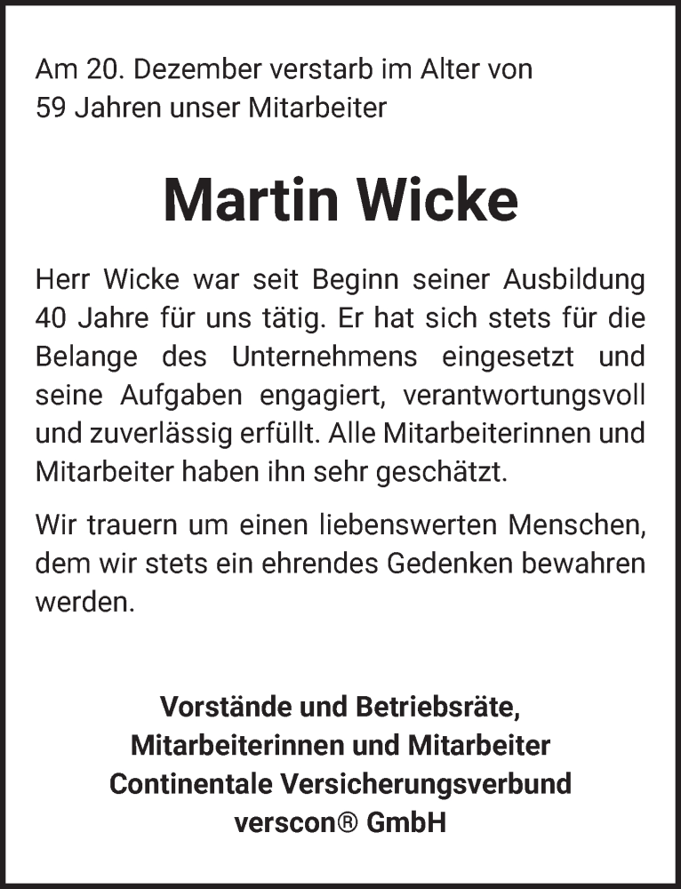  Traueranzeige für Martin Wicke vom 06.01.2023 aus  Wochenende 