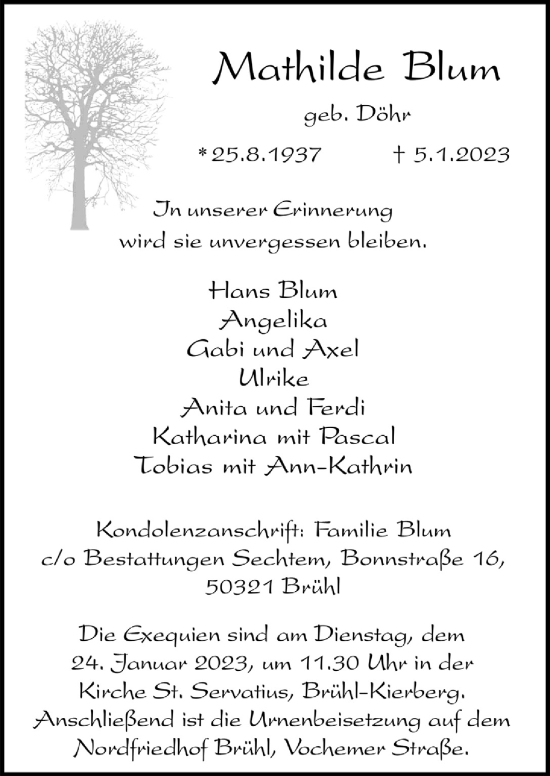 Anzeige von Mathilde Blum von  Schlossbote/Werbekurier 