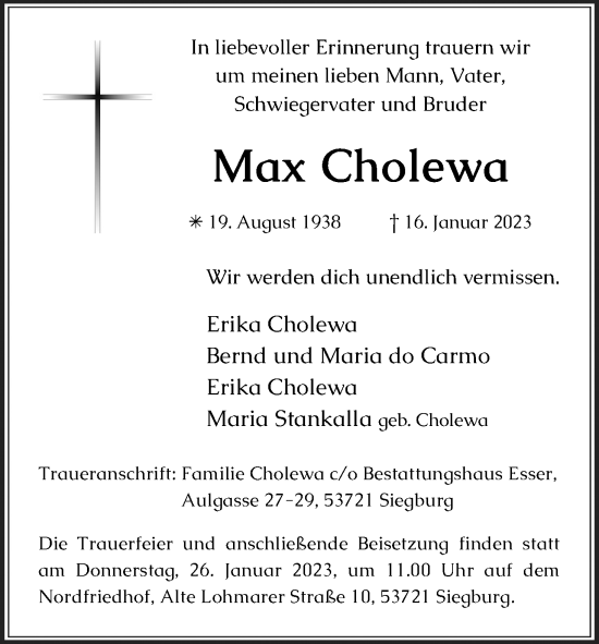 Anzeige von Max Cholewa von Kölner Stadt-Anzeiger / Kölnische Rundschau / Express