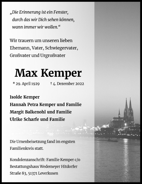 Anzeige von Max Kemper von Kölner Stadt-Anzeiger / Kölnische Rundschau / Express