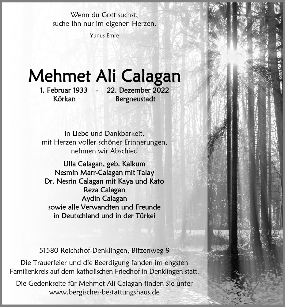  Traueranzeige für Mehmet Ali Calagan vom 06.01.2023 aus  Lokalanzeiger 