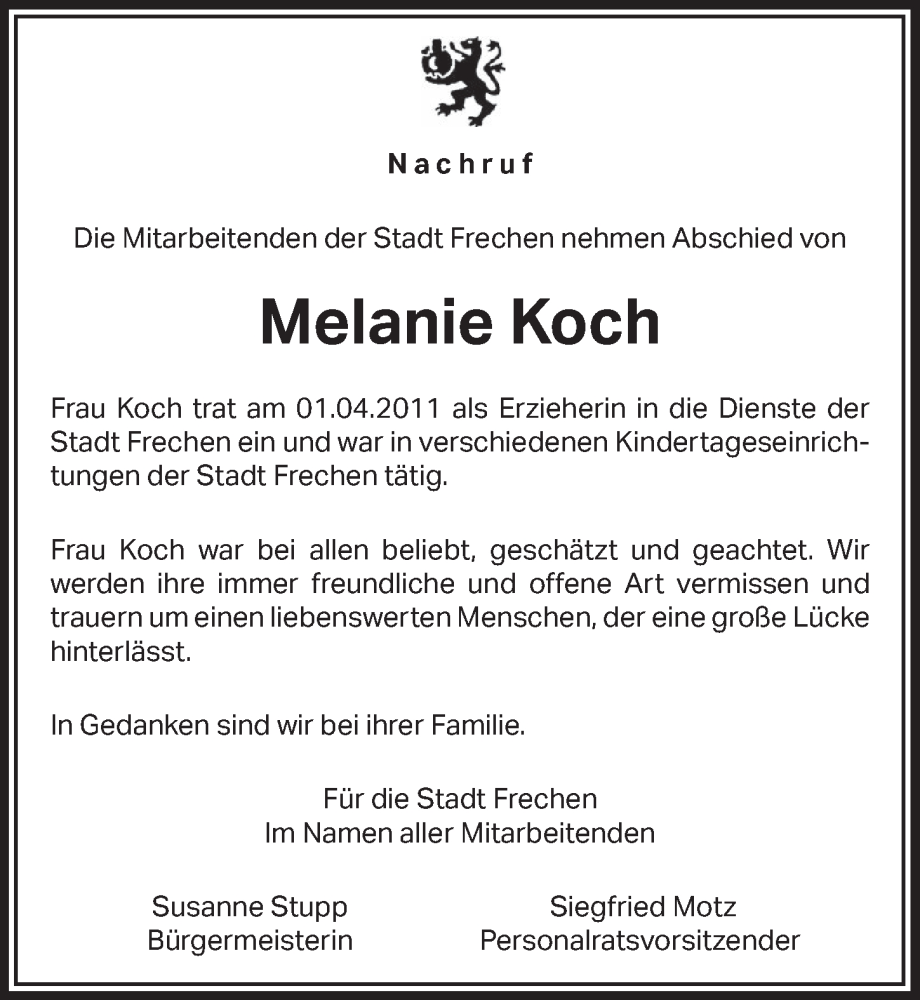  Traueranzeige für Melanie Koch vom 13.01.2023 aus  Wochenende 