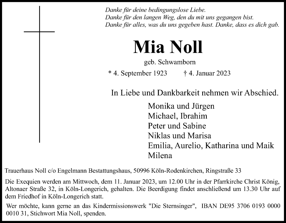 Traueranzeige für Mia Noll vom 07.01.2023 aus Kölner Stadt-Anzeiger / Kölnische Rundschau / Express
