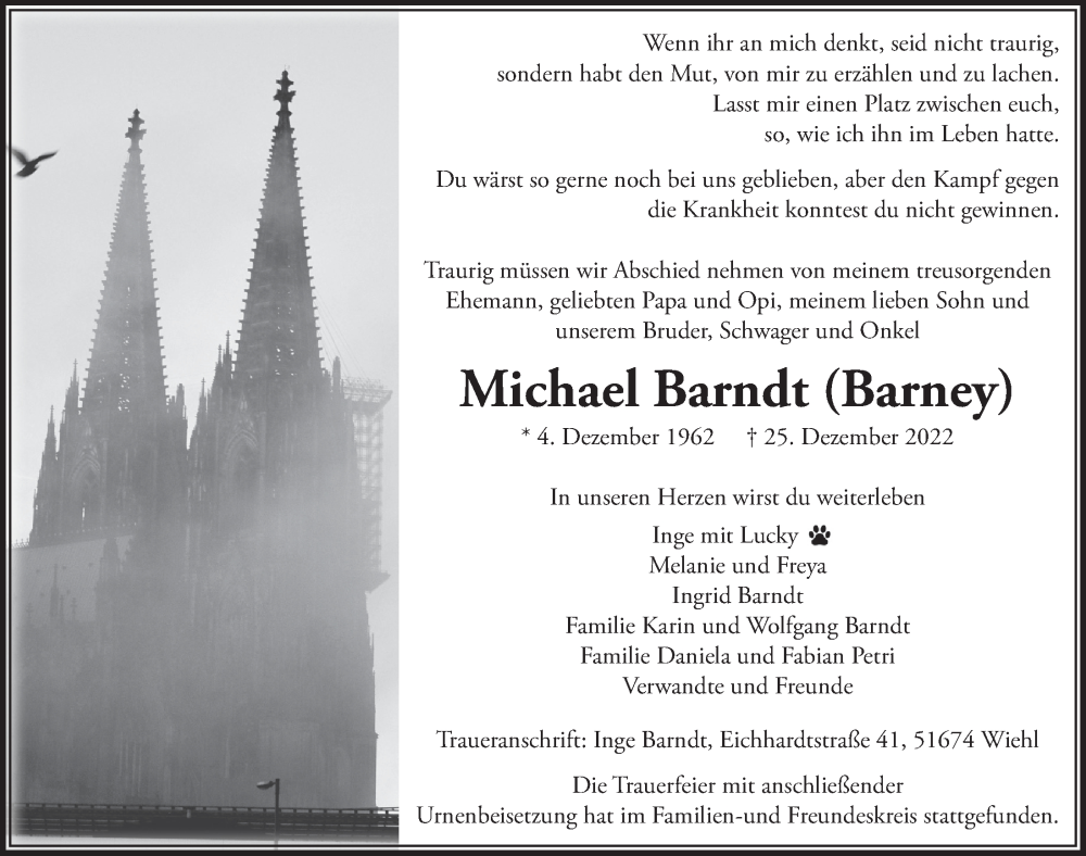  Traueranzeige für Michael Barndt vom 13.01.2023 aus  Anzeigen Echo 
