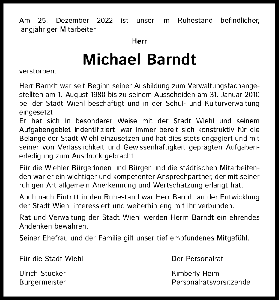  Traueranzeige für Michael Barndt vom 14.01.2023 aus Kölner Stadt-Anzeiger / Kölnische Rundschau / Express