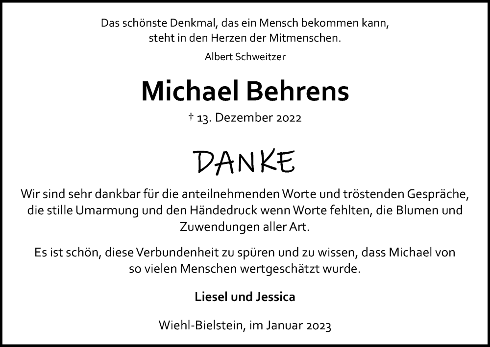  Traueranzeige für Michael Behrens vom 21.01.2023 aus Kölner Stadt-Anzeiger / Kölnische Rundschau / Express