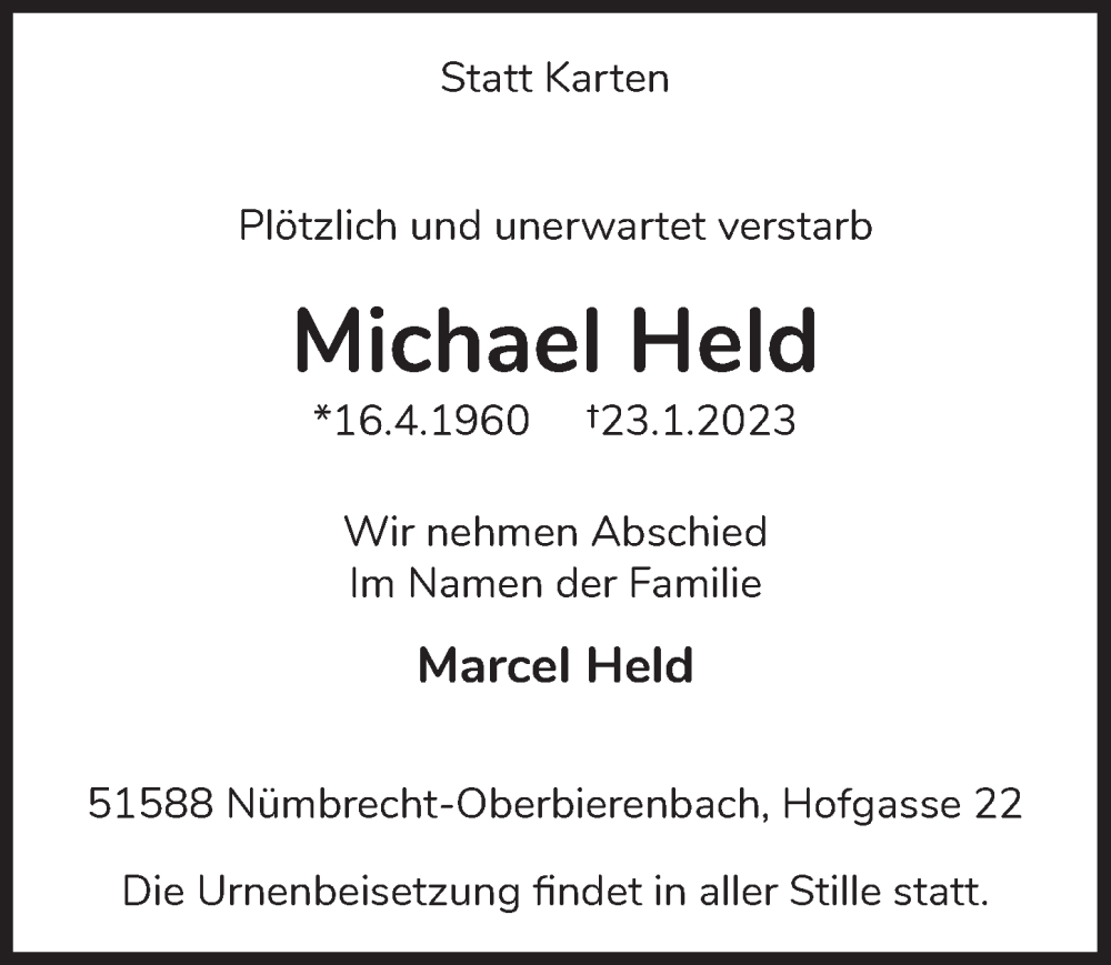  Traueranzeige für Michael Held vom 27.01.2023 aus  Anzeigen Echo 