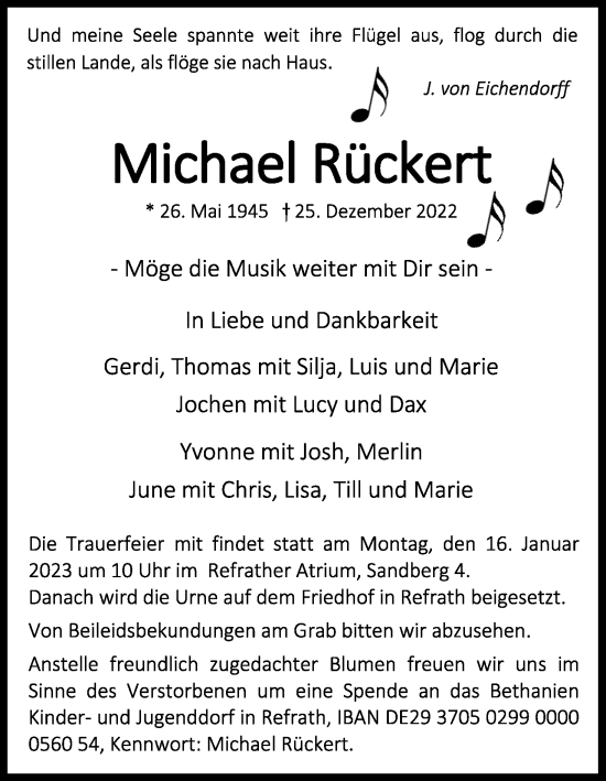 Anzeige von Michael Rückert von Kölner Stadt-Anzeiger / Kölnische Rundschau / Express