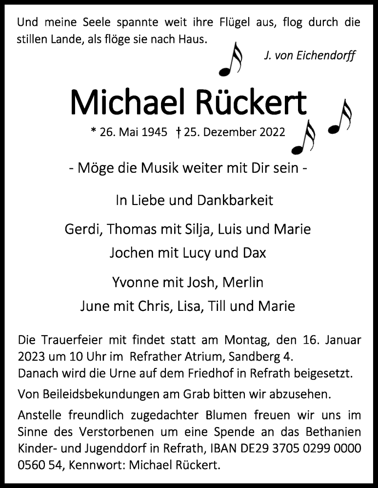  Traueranzeige für Michael Rückert vom 07.01.2023 aus Kölner Stadt-Anzeiger / Kölnische Rundschau / Express