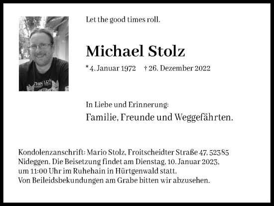 Anzeige von Michael Stolz von Kölner Stadt-Anzeiger / Kölnische Rundschau / Express