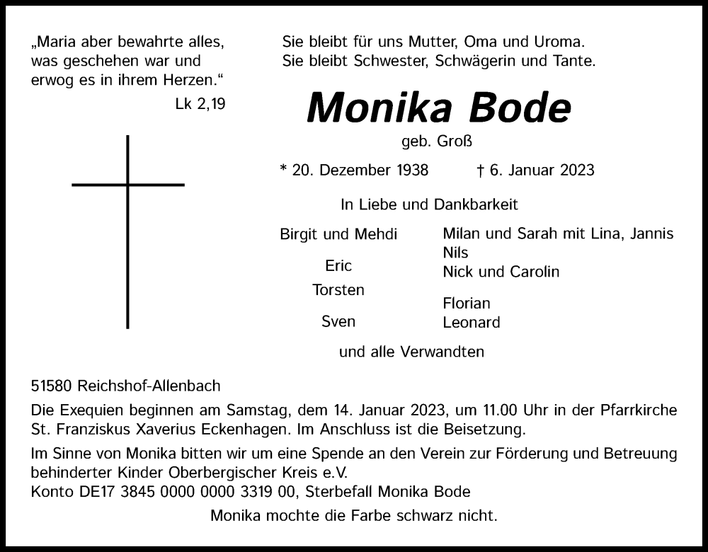  Traueranzeige für Monika Bode vom 11.01.2023 aus Kölner Stadt-Anzeiger / Kölnische Rundschau / Express