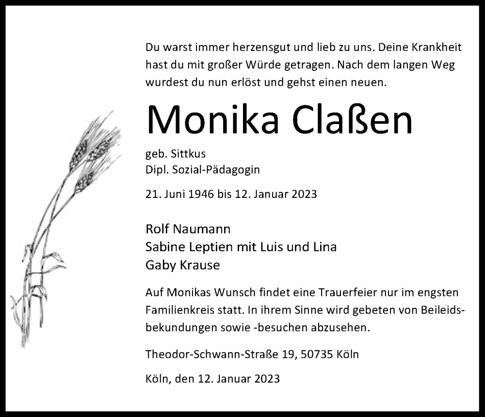  Traueranzeige für Monika Claßen vom 21.01.2023 aus Kölner Stadt-Anzeiger / Kölnische Rundschau / Express