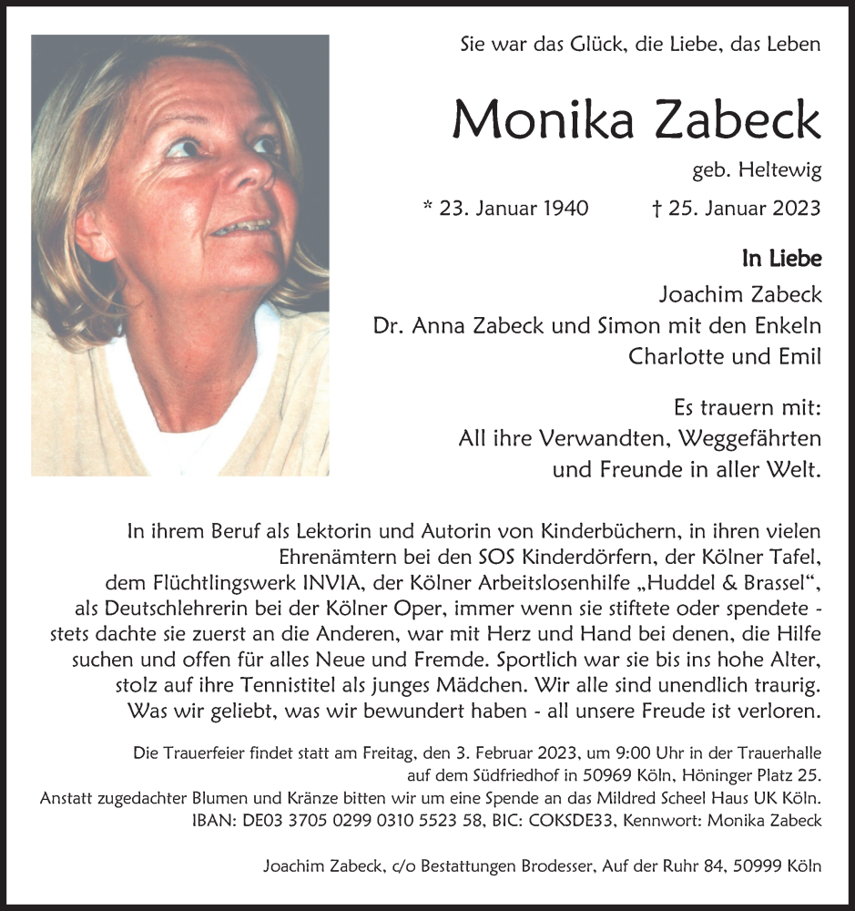  Traueranzeige für Monika Zabeck vom 01.02.2023 aus Kölner Stadt-Anzeiger / Kölnische Rundschau / Express
