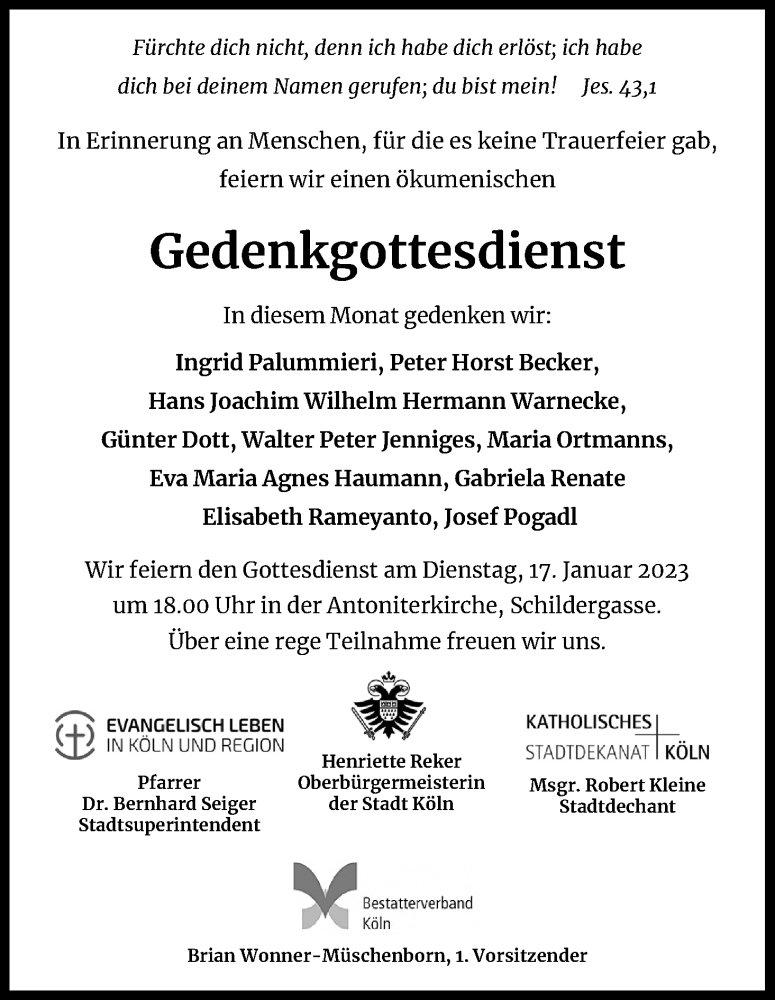  Traueranzeige für Nachruf Bestattungsverband Köln vom 14.01.2023 aus Kölner Stadt-Anzeiger / Kölnische Rundschau / Express