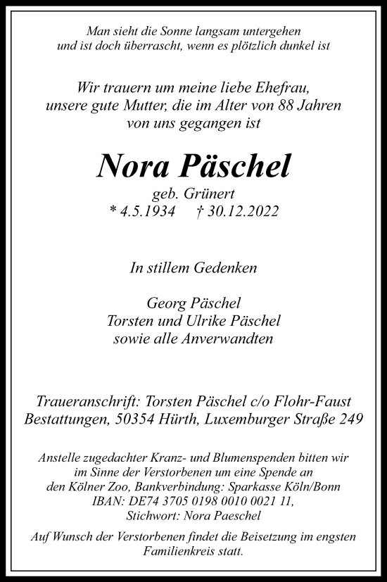 Anzeige von Nora Päschel von Kölner Stadt-Anzeiger / Kölnische Rundschau / Express