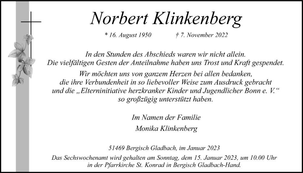  Traueranzeige für Norbert Klinkenberg vom 13.01.2023 aus  Bergisches Handelsblatt 