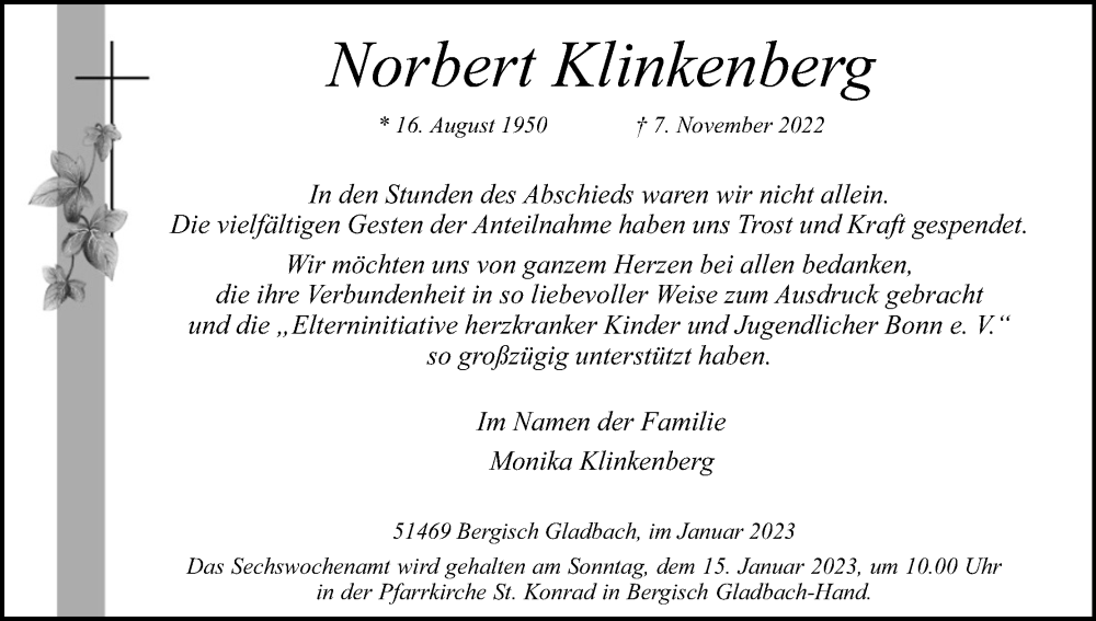  Traueranzeige für Norbert Klinkenberg vom 14.01.2023 aus Kölner Stadt-Anzeiger / Kölnische Rundschau / Express