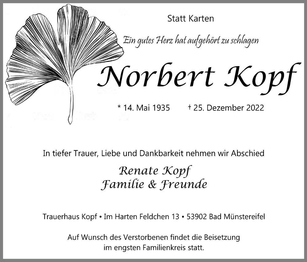  Traueranzeige für Norbert Kopf vom 07.01.2023 aus Kölner Stadt-Anzeiger / Kölnische Rundschau / Express