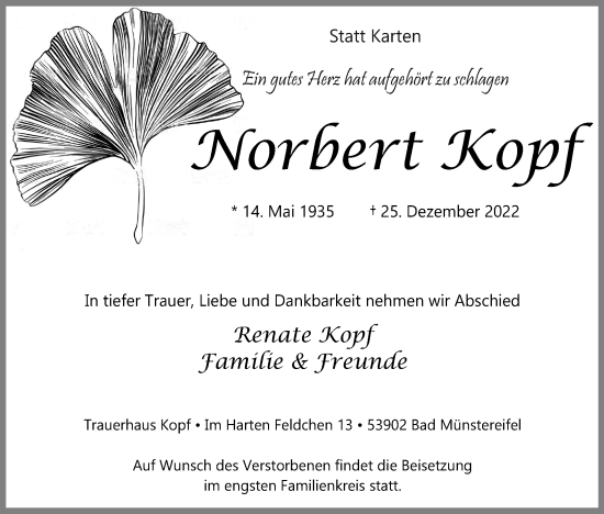 Anzeige von Norbert Kopf von Kölner Stadt-Anzeiger / Kölnische Rundschau / Express