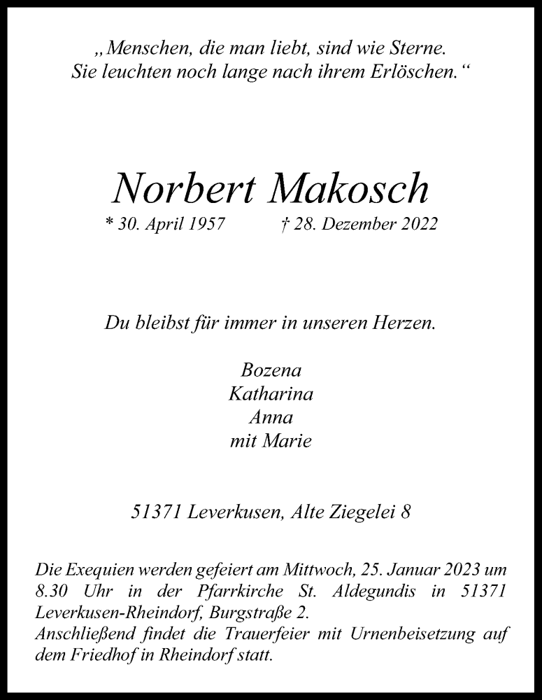  Traueranzeige für Norbert Makosch vom 18.01.2023 aus Kölner Stadt-Anzeiger / Kölnische Rundschau / Express