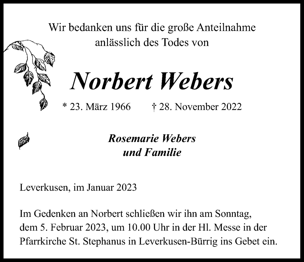  Traueranzeige für Norbert Webers vom 28.01.2023 aus Kölner Stadt-Anzeiger / Kölnische Rundschau / Express