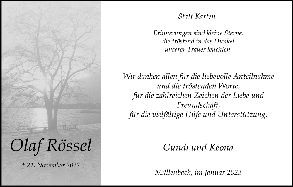  Traueranzeige für Olaf Rössel vom 14.01.2023 aus Kölner Stadt-Anzeiger / Kölnische Rundschau / Express